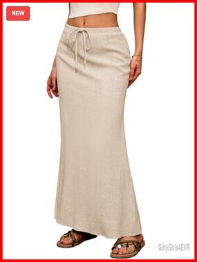 Linen Blend Flared Maxi Skirt Drawstring Ankle Length Summer Boho